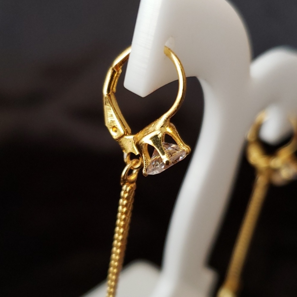Clear Rhinestone Gold Color Dangle Earrings - Picture 3 of 4